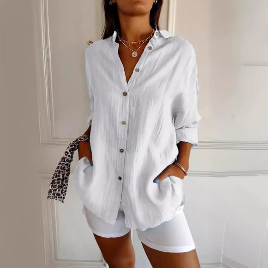 Women's Single-breasted Pleated Lapel Shirt Solid Color Blouses