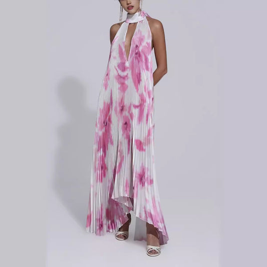 Fashion Deep V Halter Backless Sleeveless Printed Dresses