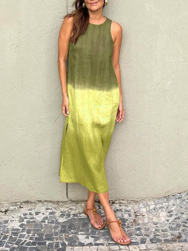 Women's Casual Cotton Linen Sleeveless Slit Gradient Dresses