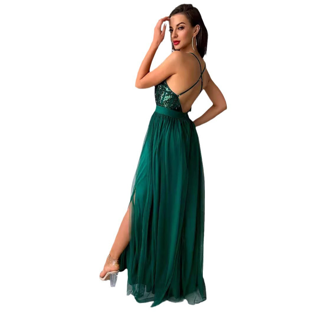 Women's Straps Tulle Sequin Stitching Slit Swing Dresses