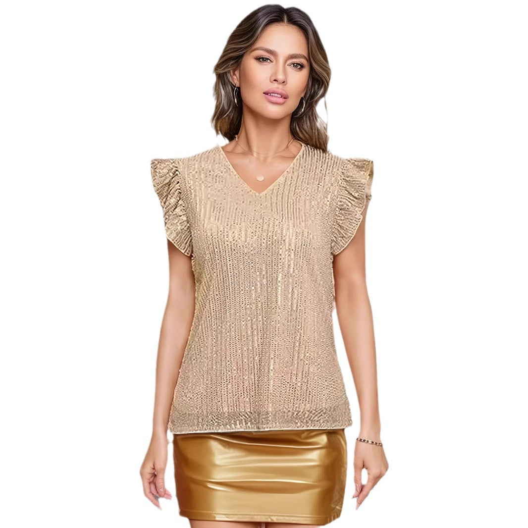 Women's Lotus Leaf Sleeve Sequins T-shirt With Blouses