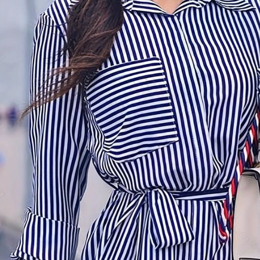 Women's Autumn Wear Striped Blue Loose Mid-length Blouses