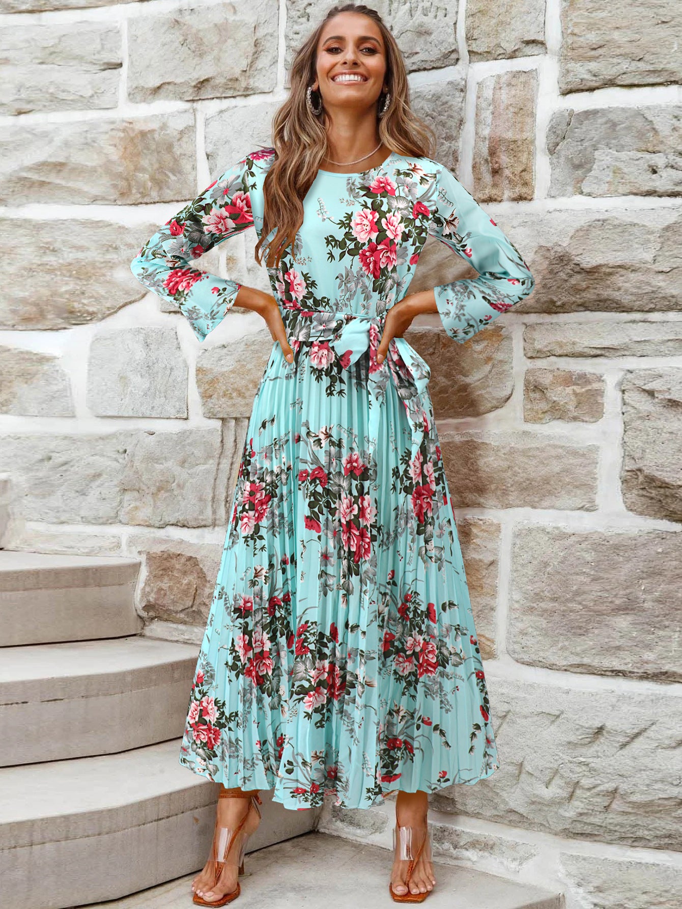Women's Spring Bell Sleeve Bohemian Pleated Printed Dresses