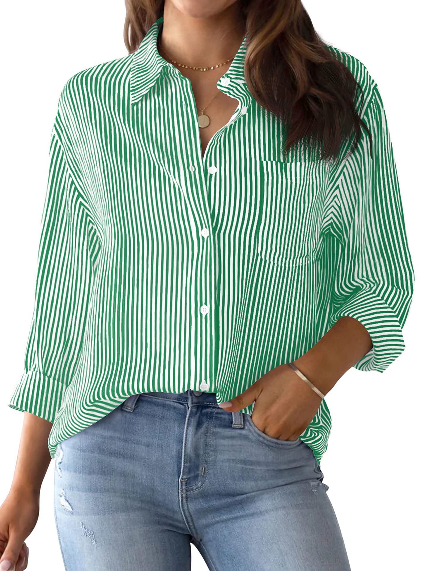 Women's For With Pocket Loose Striped Classic Blouses