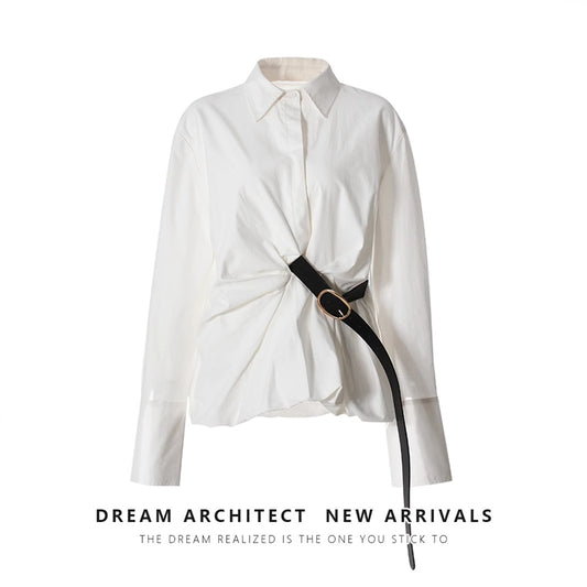 Waist Tight Shirt White Casual Design Belt Blouses