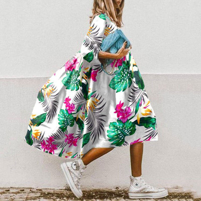 Women's Neck Loose Waist Printed Long Sleeve Dresses