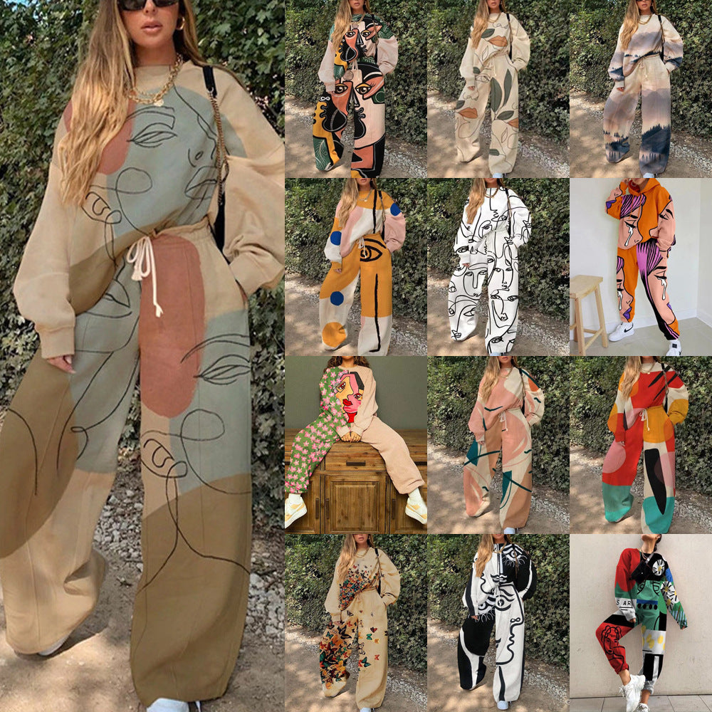 Women's Casual Round Neck Loose Printed Basic Suits