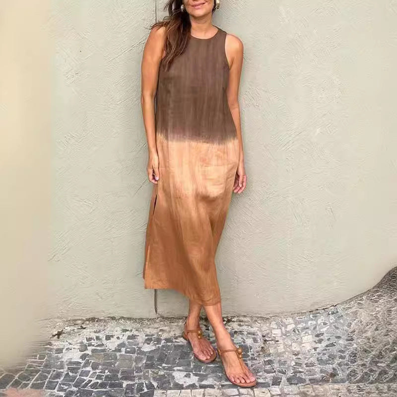 Women's Casual Cotton Linen Sleeveless Slit Gradient Dresses