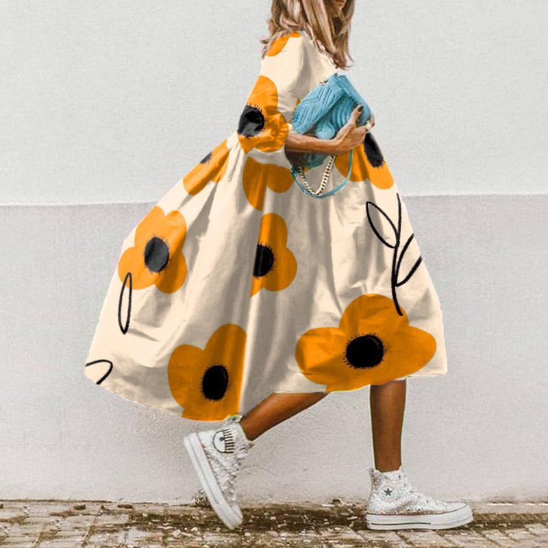 Women's Neck Loose Waist Printed Long Sleeve Dresses