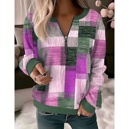 Innovative Printed Loose Zip Knitted Shirt Blouses