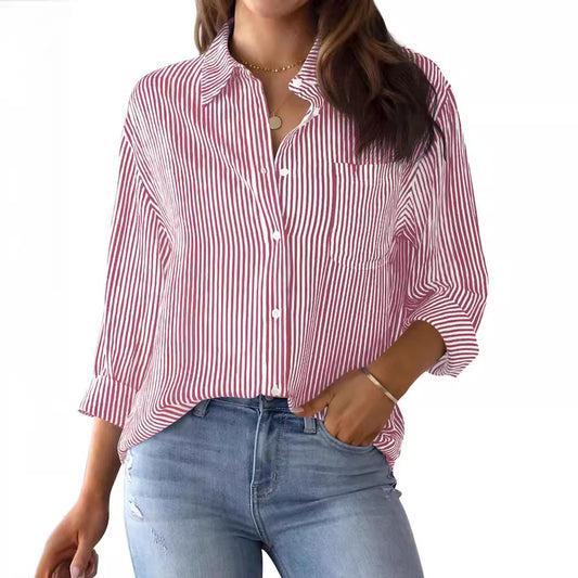 Women's For With Pocket Loose Striped Classic Blouses