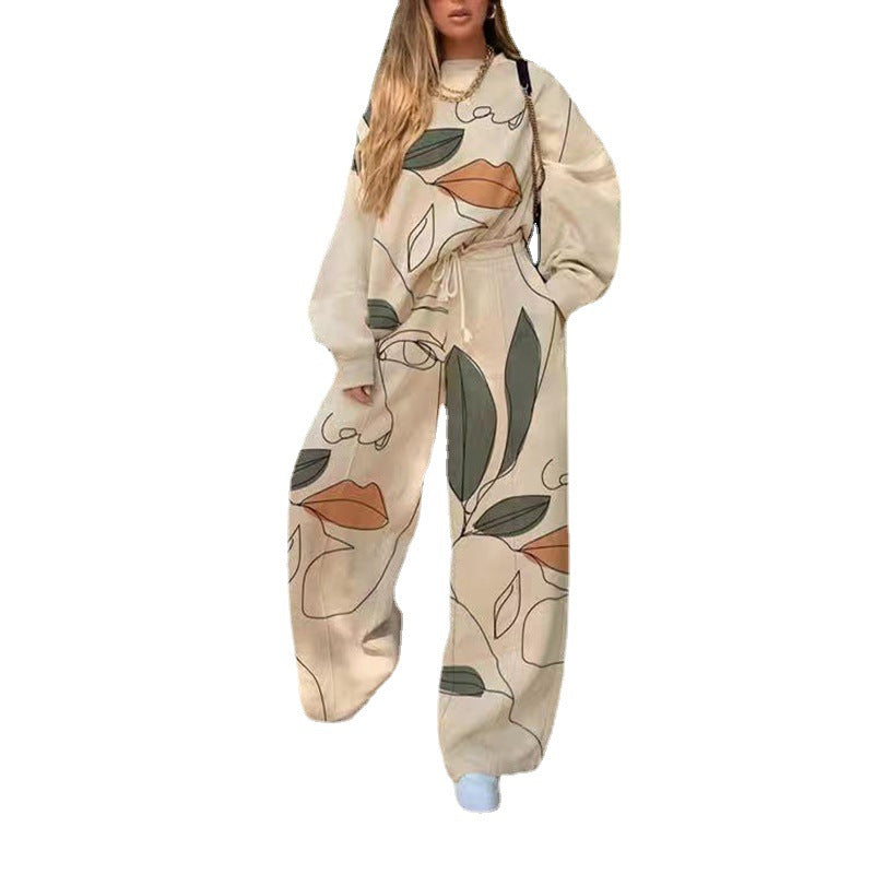 Women's Casual Round Neck Loose Printed Basic Suits