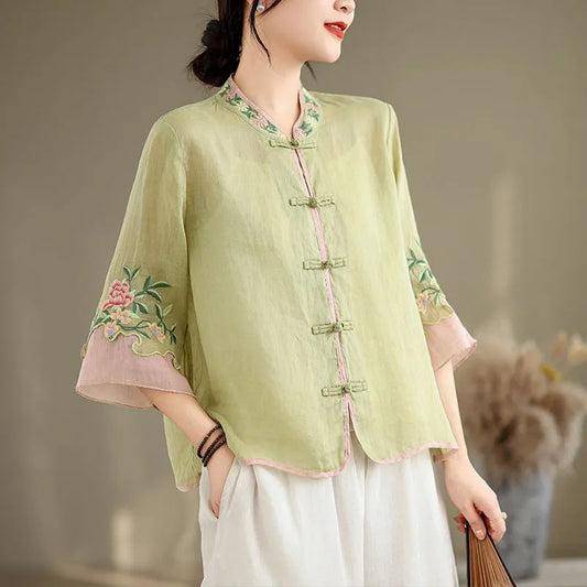 Women's Retro Ethnic Stand Collar Embroidery Shirt Buckle Color Blouses