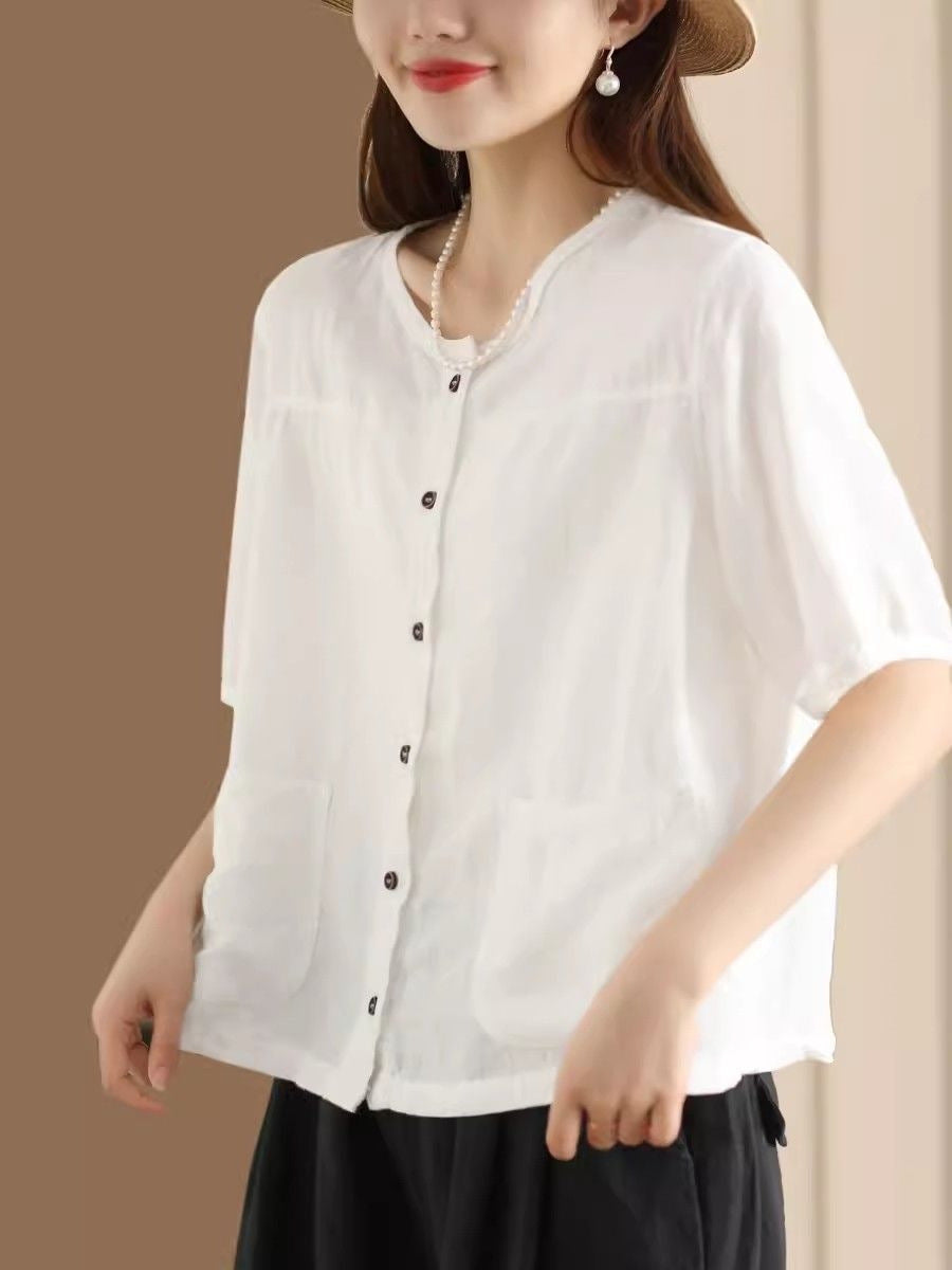 Women's Summer Retro Literary Cotton Linen Shirt Pocket Design Casual Blouses