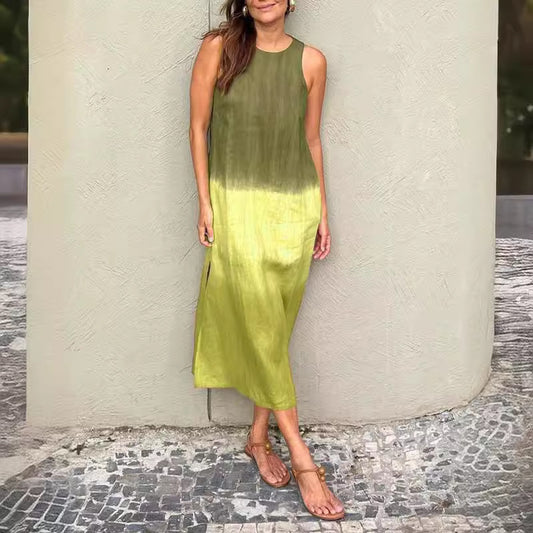 Women's Casual Cotton Linen Sleeveless Slit Gradient Dresses