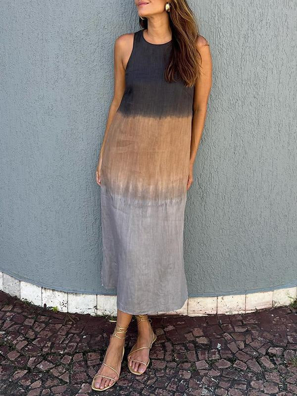 Women's Casual Cotton Linen Sleeveless Slit Gradient Dresses