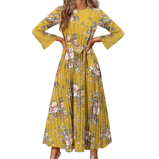 Women's Spring Bell Sleeve Bohemian Pleated Printed Dresses