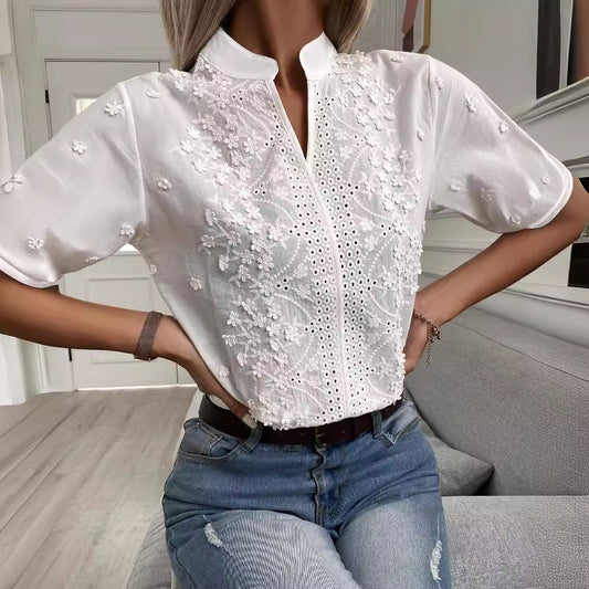 Women's Summer Stand Collar Embroidery Lace Shirt Blouses