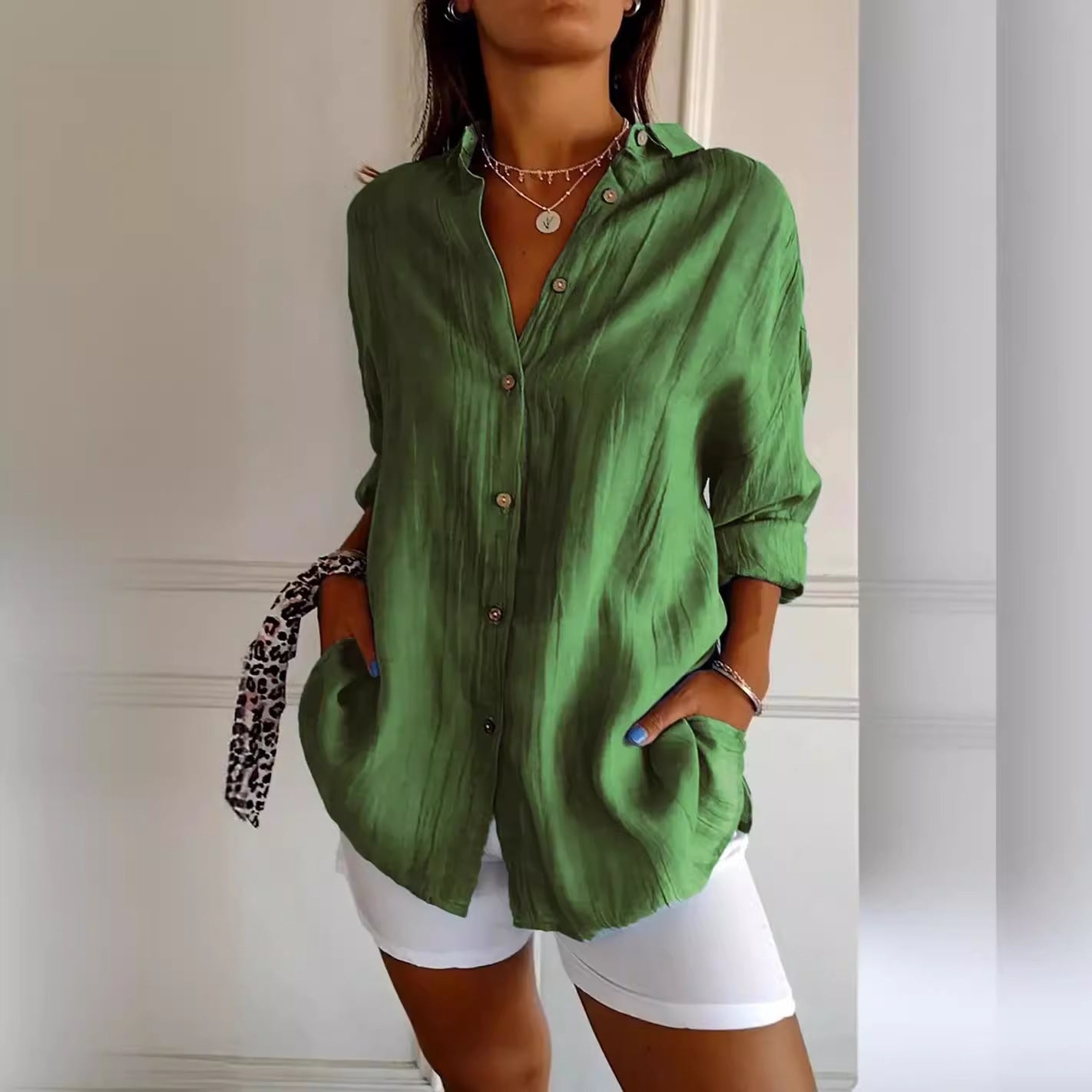 Women's Single-breasted Pleated Lapel Shirt Solid Color Blouses