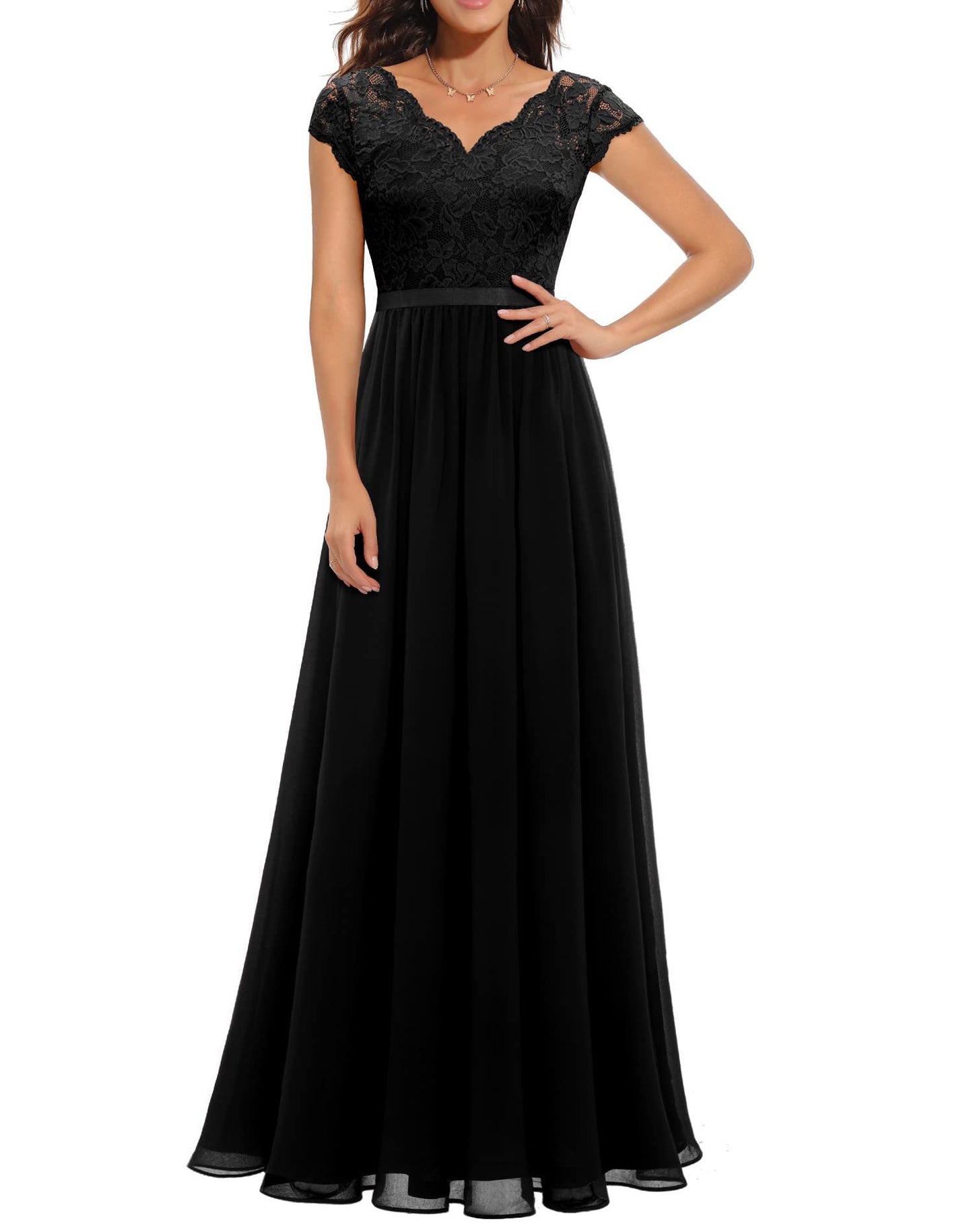 Lace Trim Chiffon Patchwork Long Dress Dresses