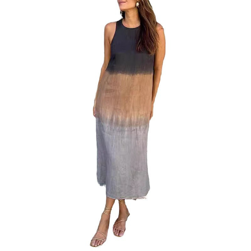 Women's Casual Cotton Linen Sleeveless Slit Gradient Dresses