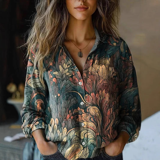 Women's Vintage Floral Print Long Sleeves Casual Shirt Imitation Blouses