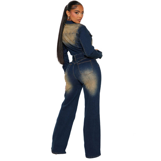 Slim Stretch Trumpet Washed Long Sleeve Jumpsuits