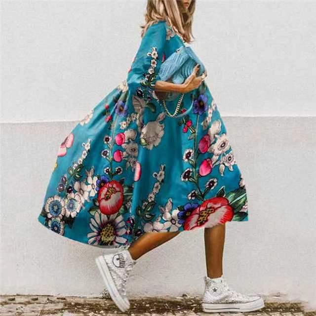 Women's Neck Loose Waist Printed Long Sleeve Dresses