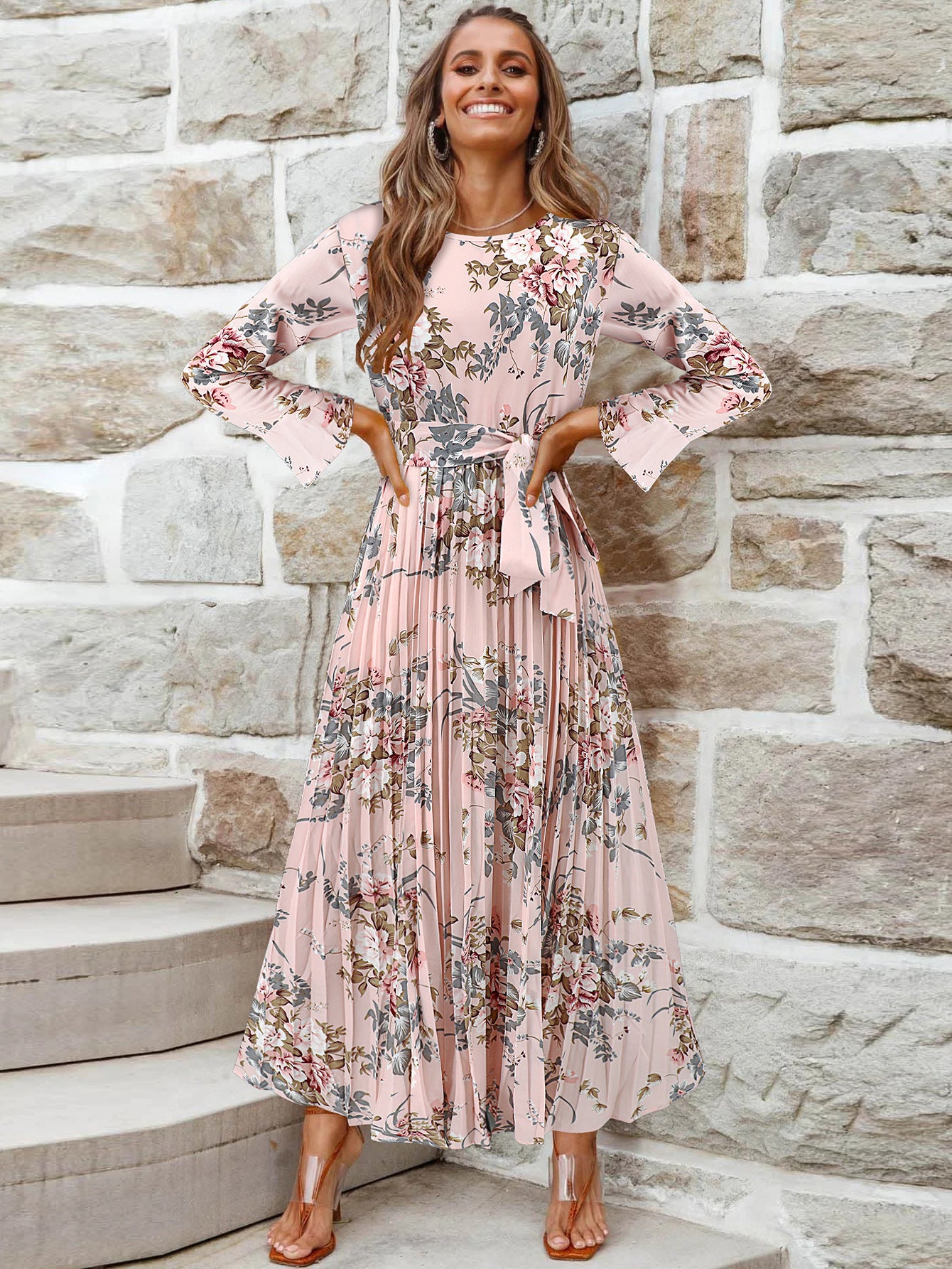 Women's Spring Bell Sleeve Bohemian Pleated Printed Dresses