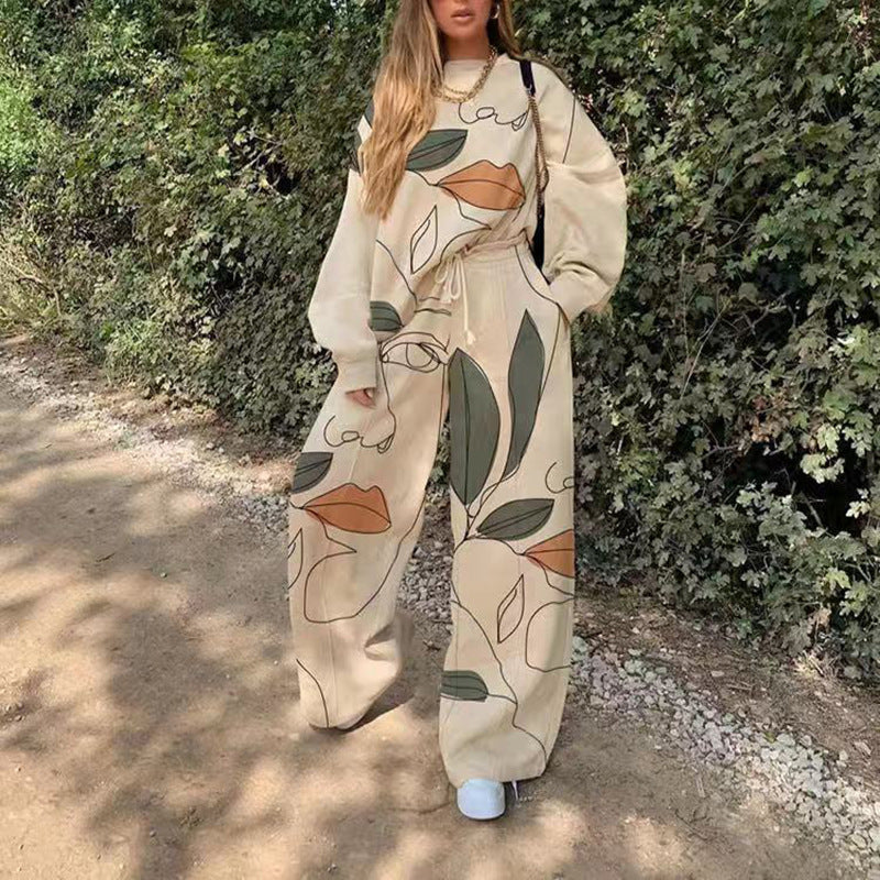 Women's Casual Round Neck Loose Printed Basic Suits