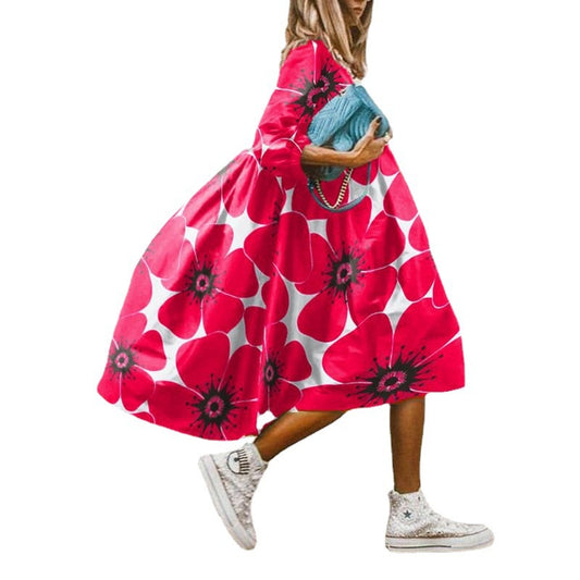 Women's Neck Loose Waist Printed Long Sleeve Dresses