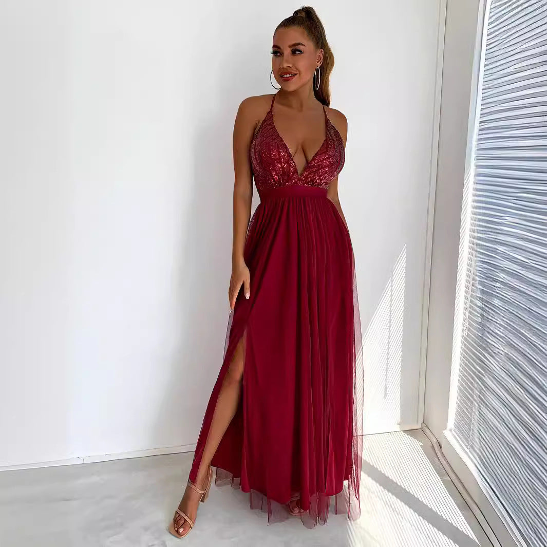 Women's Straps Tulle Sequin Stitching Slit Swing Dresses