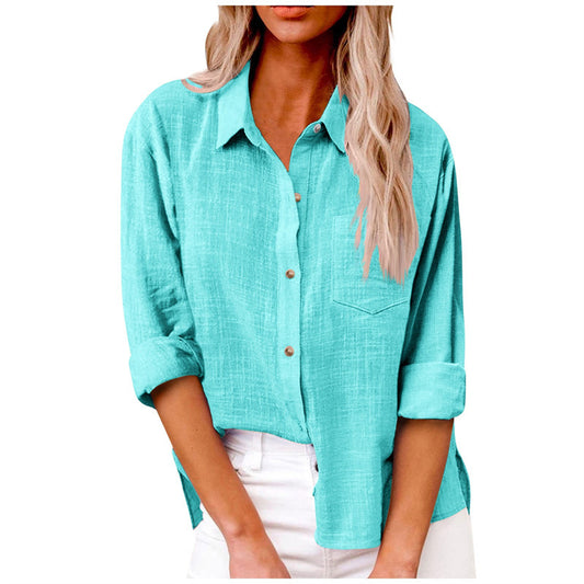 Women's Solid Color Pocket Split Button Cotton Blouses