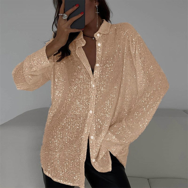 Women's Sequin Lapel Long Sleeve Basic Style Blouses